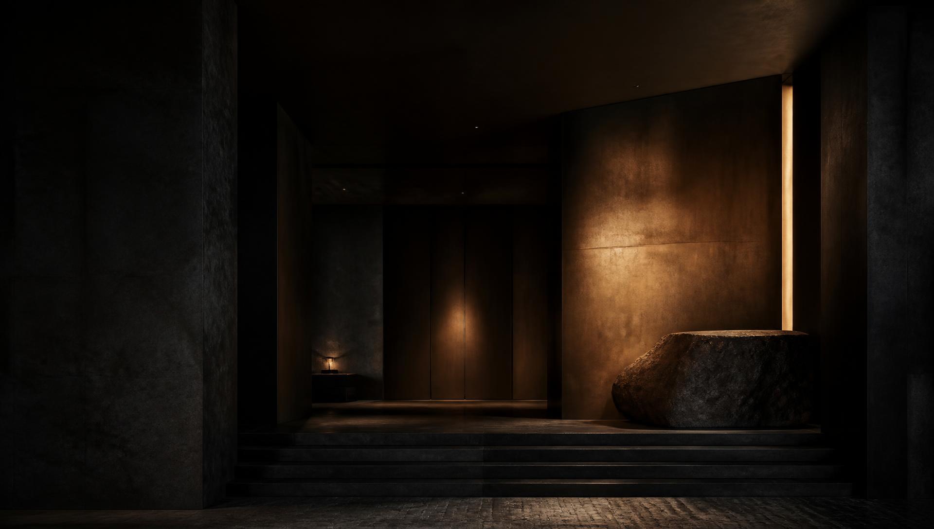Dark bronze and stone entrance lobby of a Harvard & Taylor building